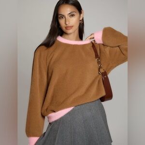Anthropologie Maeve Cozy Ringer Sweatshirt Brown Pink Pullover NWT
